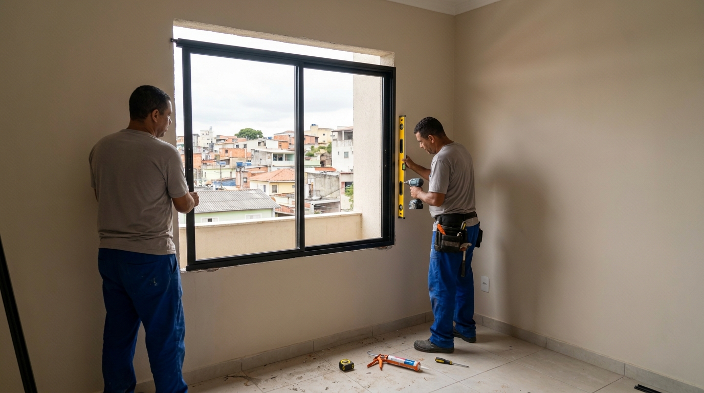 Esquadria de alumínio em quarto bege em Jundiaí-SP