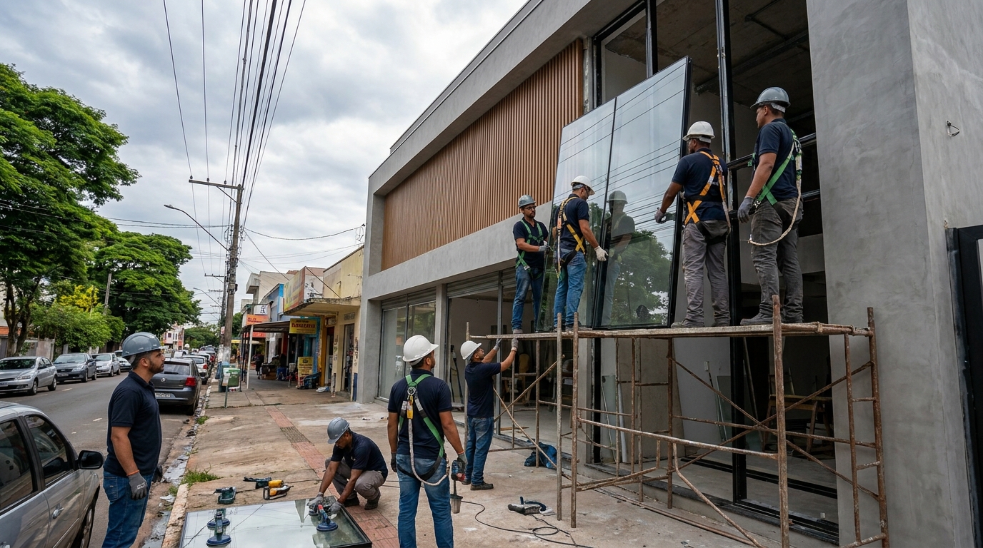 Fachada de vidro com andaime lateral em Jundiaí-SP