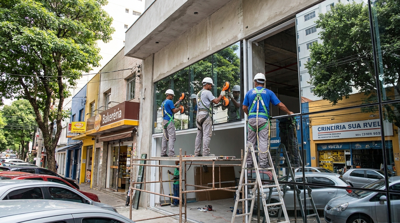 Fachada de vidro com confeitaria vizinha em Jundiaí-SP