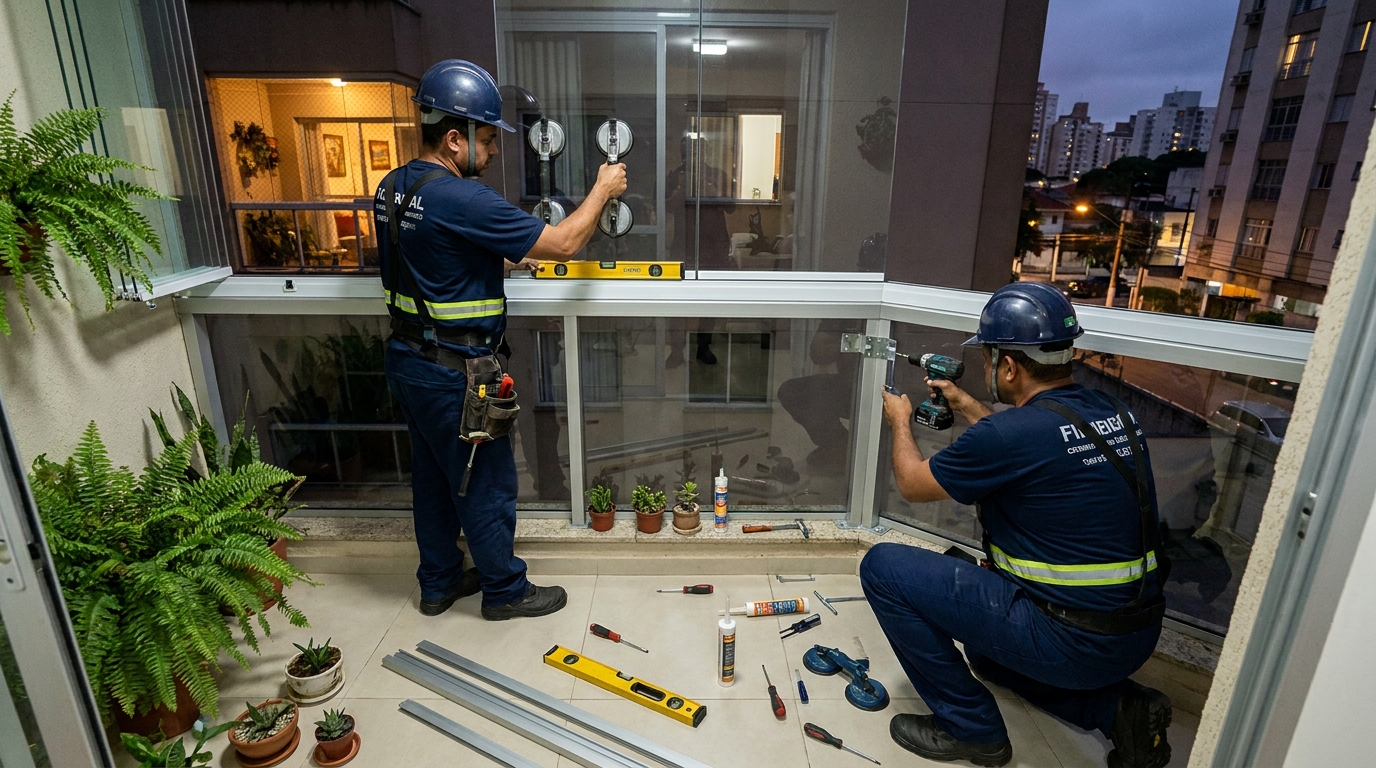 Instalação noturna de parede de vidro em Jundiaí-SP
