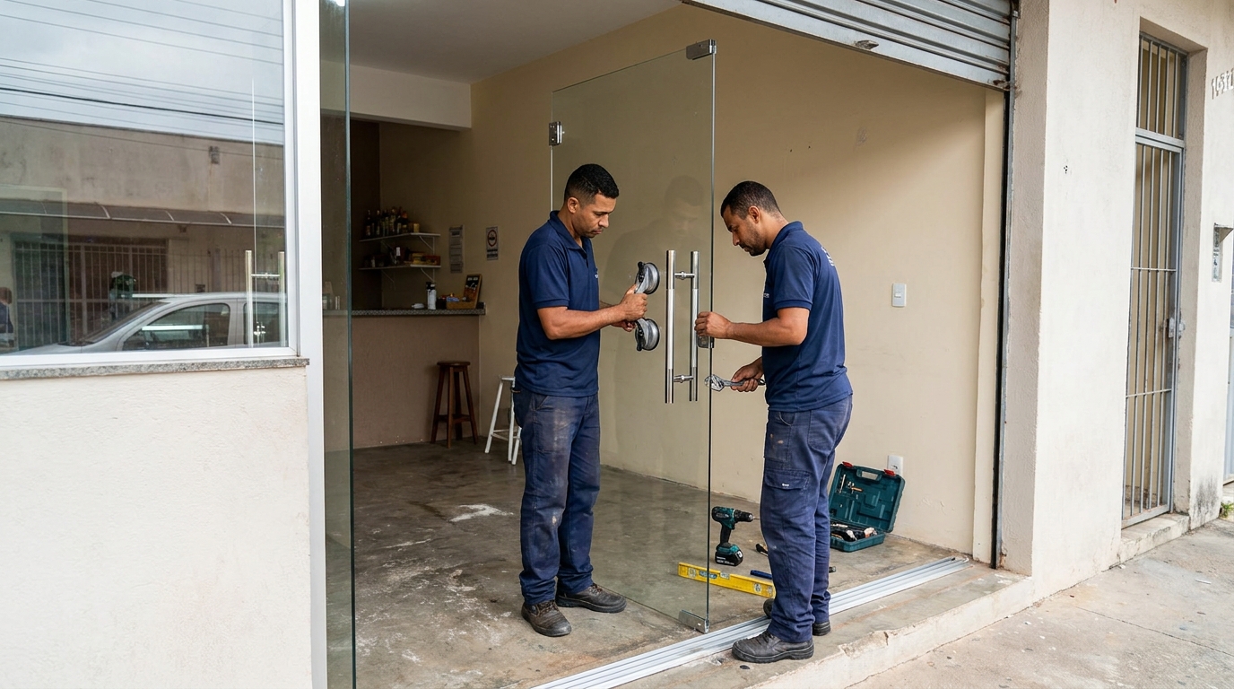 Dupla instalando porta de vidro em loja em Jundiaí-SP